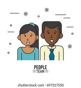 colorful poster of people team with half body couple of dark skin and her with collected long hair and him with shirt and tie