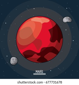 colorful poster of the planet mars in the space with asteroids in orbit