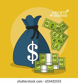 colorful poster of profit with money bag and stack money bills