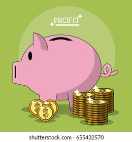 colorful poster with profit money box shape of pig and coins stacked