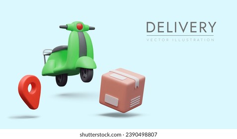 Colorful poster with realistic green scooter, parcel, and red pin. Concept of parcel delivery by eco transport. Vector illustration in 3D style with blue background