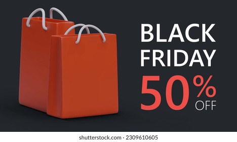 Colorful poster with realistic red shopping bags. Black Friday, big discounts and sales concept. Creative promotion banner, invitation to shop. Vector illustration with black background