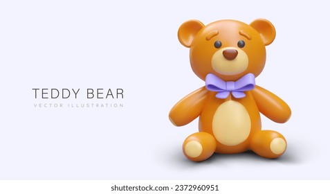 Colorful poster with realistic teddy bear with purple bow. Object in 3d style for advertising campaign for store selling toys. Vector illustration with purple background