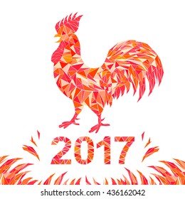 Afiche colorido de un gallo aislado sobre fondo blanco. Ideal para impresiones, cubiertas, carteles, tarjetas, diseño de regalos. Feliz año nuevo chino 2017.