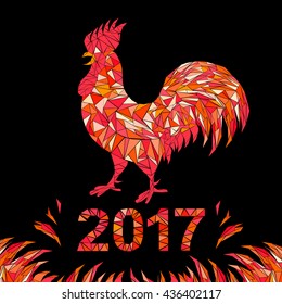 Colorful poster of a rooster on black background. Good for prints, covers, posters, cards, gift design. Happy 2017 Chinese New Year card.