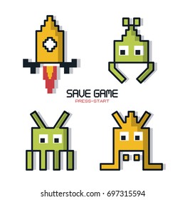 colorful poster of save game press start with graphics of spatial game in pixels