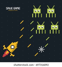 colorful poster of save game press start with graphics of spatial game