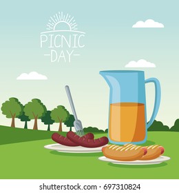 colorful poster scene landscape of picnic day with food in dishes and orange glass juice in grass