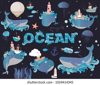 Colorful poster with sea animals, whales and jellyfish. Editable vector illustration