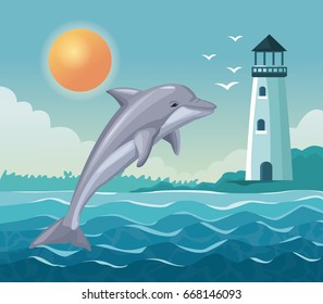 colorful poster seaside with dolphin jump and lighthouse in coast