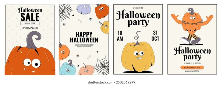 Colorful poster set Happy Halloween. Retro groovy character pumpkins with creepy and skary face. Contemporary vector collection