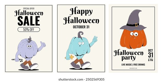 Colorful poster set Happy Halloween. Retro groovy character pumpkins with creepy and skary face. Contemporary vector collection