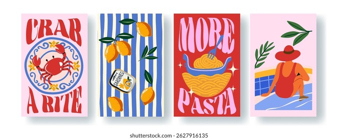 Colorful poster set with Italian summer elements: crab, sardines, lemons, pasta, and a woman by the pool. Bold retro graphics for themes of vacation, travel, food, or Mediterranean life