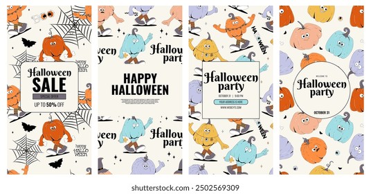Colorful poster set on Happy Halloween theme. Retro groovy character pumpkins with creepy and skary face. Contemporary vector collection