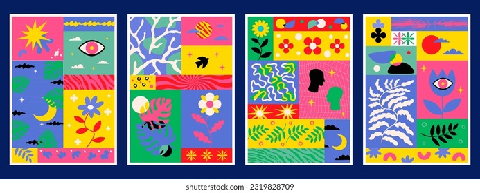 A colorful poster set with simple patterns and doodles in an eclectic style. Collection of interior artworks.