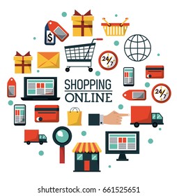 colorful poster shopping online with common online shopping icons
