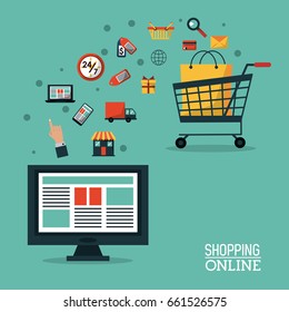 colorful poster shopping online with desktop computer and shopping cart