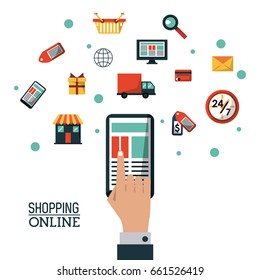colorful poster shopping online with smartphone and icons on top