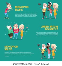 Colorful poster showing different aged people taking selfie with monopod on green background. 