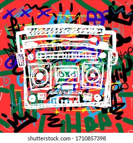 Colorful poster with sketch of cassette recorder on background with text Hip Hop, crowns and abstract elements. Drawn by hand. Vector illustration.