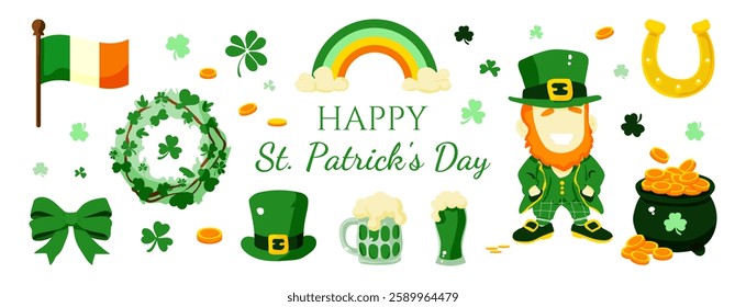 A colorful poster with a smiling man wearing a green hat and a green beard. The poster is titled "Happy St. Patrick's Day" and features a rainbow, a shamrock, a flag, and a pot of gold