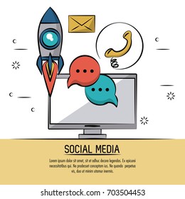 colorful poster of social media with desktop computer and icons of rocket and speech bubble and phone and mail