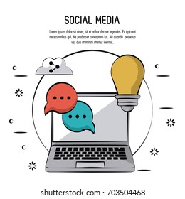 colorful poster of social media with laptop computer in circle and icons speech bubbles and light bulb