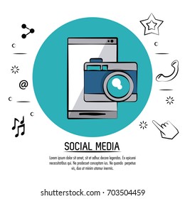 colorful poster of social media with smartphone and photo camera on blue circle