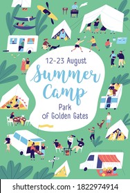 Colorful poster of summer camp with place for text vector flat illustration. Announcement template for camping vacation. Cheerful tiny people spending time together enjoying outdoor activities.