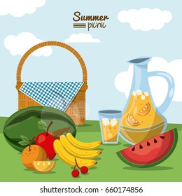 colorful poster of summer picnic with field landscape and picnic basket with juice jar and fruits