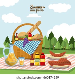 colorful poster of summer picnic with outdoor landscape and picnic basket full of food in tablecloth with juice jar and sausage and meat to grill