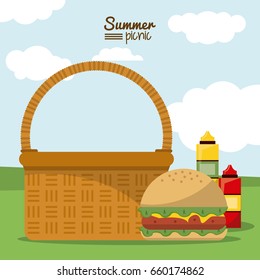 colorful poster of summer picnic with outdoor landscape with picnic basket with hamburger and sauces