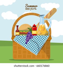 colorful poster of summer picnic with outdoor landscape and picnic basket full of food
