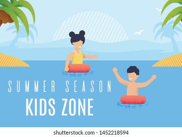 Colorful Poster Summer Season Kids Zone Lettering. Children Bathe In Their Designated Place Cartoon. Safe Area For Kids At Sea. Summer Activities For Children. Vector Illustration.