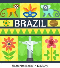 Colorful poster with symbols of Brazil isolated on ornamented stylized yellow-green background. Vector illustration.