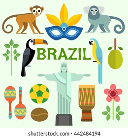 Colorful poster with symbols of Brazil isolated on background. Vector illustration.