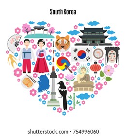 Colorful poster with symbols of South Korea. Heart shape with flat icons. Vector illustration.
