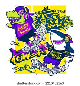 Colorful poster with t rex and shark on skateboard cartoon characters. Graffiti text extreme power, cool, wow. Funny predator. Skateboarding illustration.