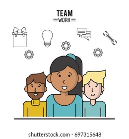 colorful poster of team work with half body women with dark skin in closeup and two men on back side