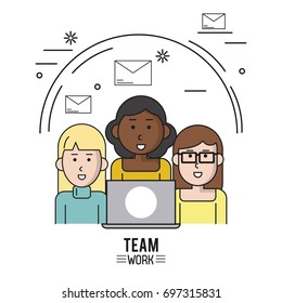 colorful poster of team work with half body women and one with dark skin and laptop computer and the others caucasian