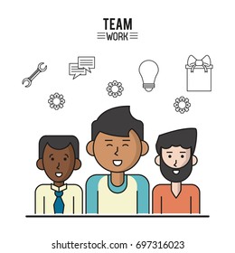 colorful poster of team work with half body men and two men with dark skin and one caucasian with beard