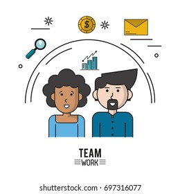 colorful poster of team work with half body couple with woman afro with curly hair and caucasian man with van dyke beard and icons magnifying glass and coin and envelope mail