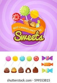 Colorful poster template with candies collection. Food label with candies, sweetmeats and assorted chocolates colorful lollipops. Vector illustration in modern flat style.