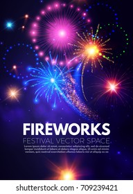 Colorful Poster Template With Fireworks. Party Flyer. Vector Illustration