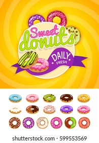 Colorful poster template with glazed donuts collection. Food label with glazed donuts vector set isolated on white background in a modern flat style. Vector illustration