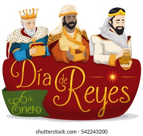 Colorful poster with the Three Wise Men holding their gifts over a sign with greeting message in Spanish for "Dia de Reyes" or Epiphany with date in January 6.