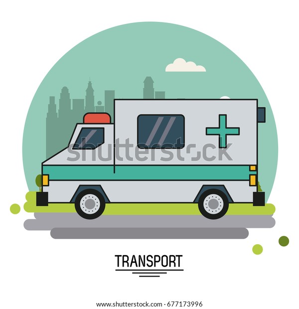 colorful poster of\
transport with ambulance vehicle on background outskirts of the\
city in shape of\
sphere