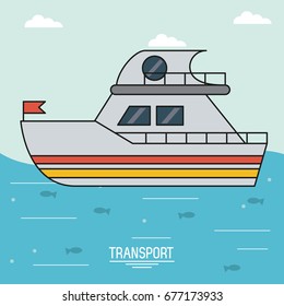 colorful poster of transport with boat over water