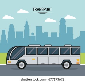 colorful poster of transport with bus on the outskirts of the city