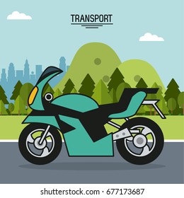 colorful poster of transport with motorcycle in outdoor landscape